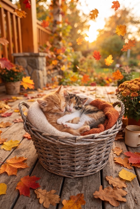 Kittens in an Autumn Leaf Basket: Two tiny kittens sleep in a wicker basket on a porch covered with colorful autumn leaves.