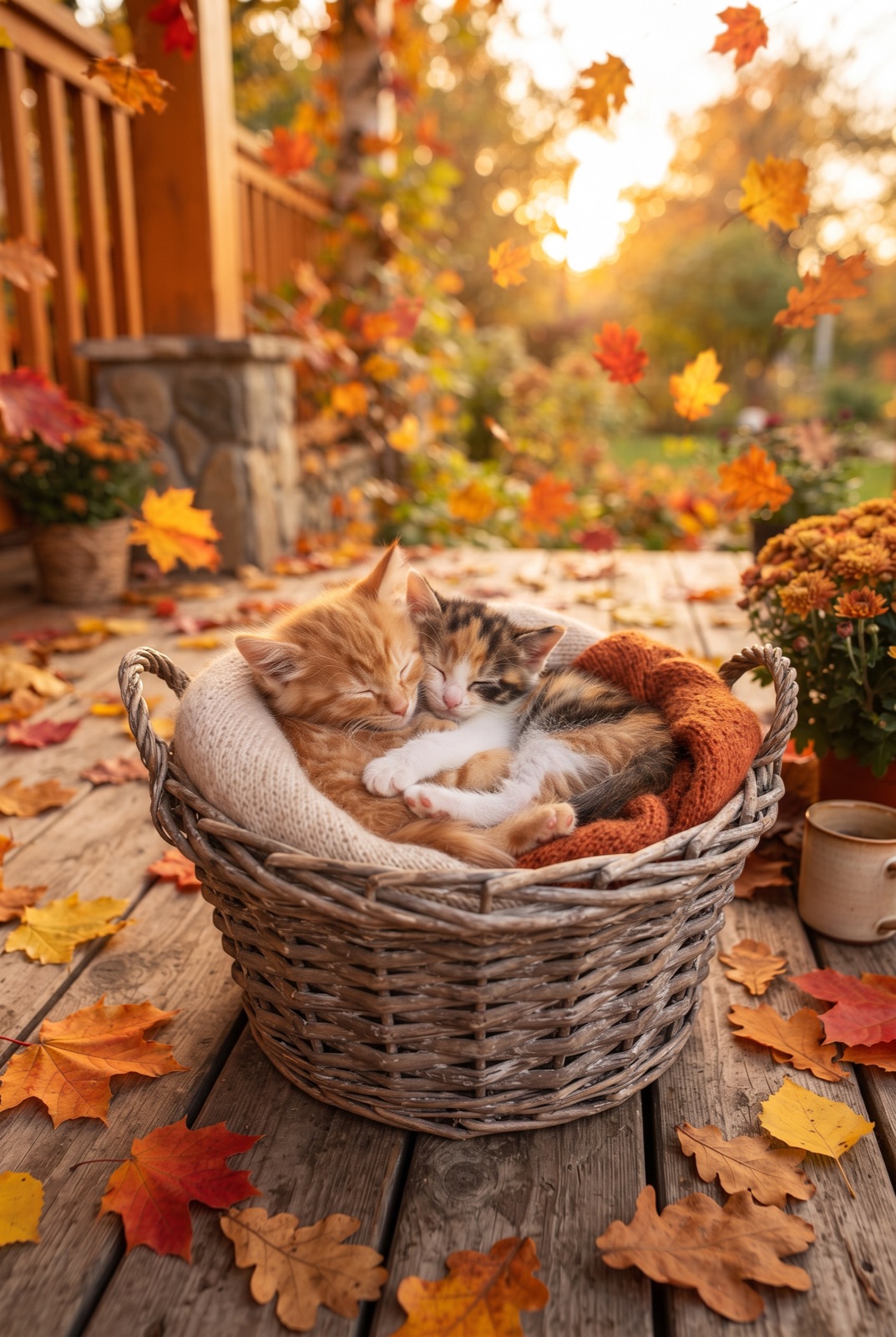 Kittens in an Autumn Leaf Basket: Two tiny kittens sleep in a wicker basket on a porch covered with colorful autumn leaves.