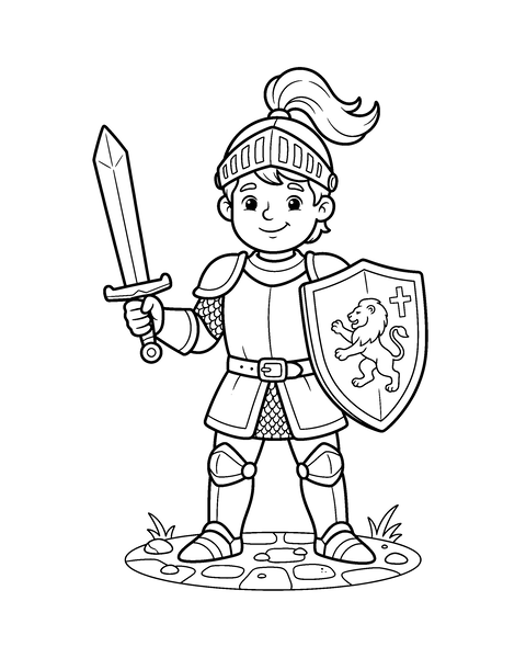Knight coloring page for kids: a printable black and white outline picture with thick lines and big areas to color, ready for A4