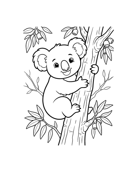 Koala coloring page for kids: a printable black and white outline picture with thick lines and big areas to color, ready for A4