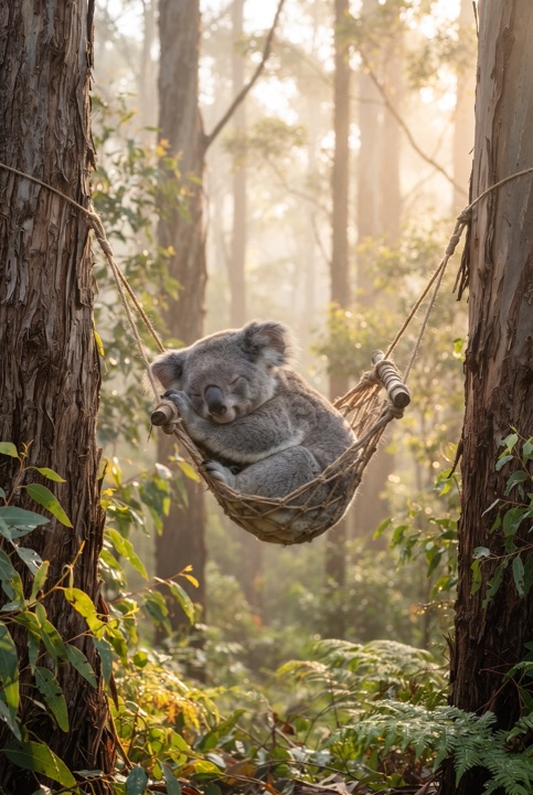 Koala in a Hammock Between Eucalyptus Trees: A sleepy koala naps in a hammock between two eucalyptus trees while soft morning mist drifts through the forest.