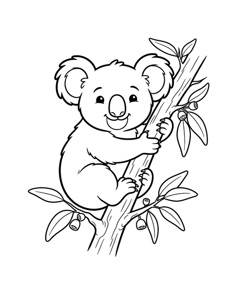 Koala on a Eucalyptus Tree coloring page for kids: a printable black and white outline picture with thick lines and big areas to color, ready for A4