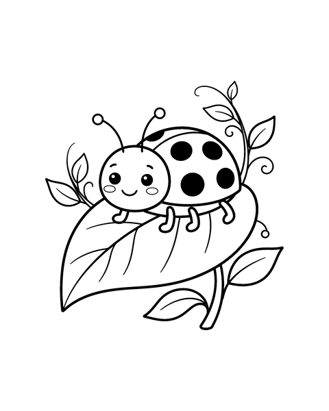 Ladybug coloring page for kids: a printable black and white outline picture with thick lines and big areas to color, ready for A4