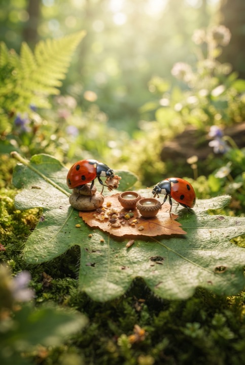 Ladybug Picnic: Tiny ladybugs have a picnic on a leaf with tiny cups made from acorn caps.