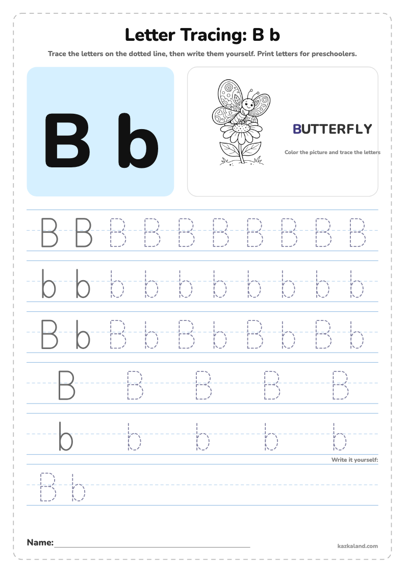 Letter B Tracing Worksheet: printable A4 worksheet for kids with a large model, dotted lines to trace, a picture to color and a line for the name