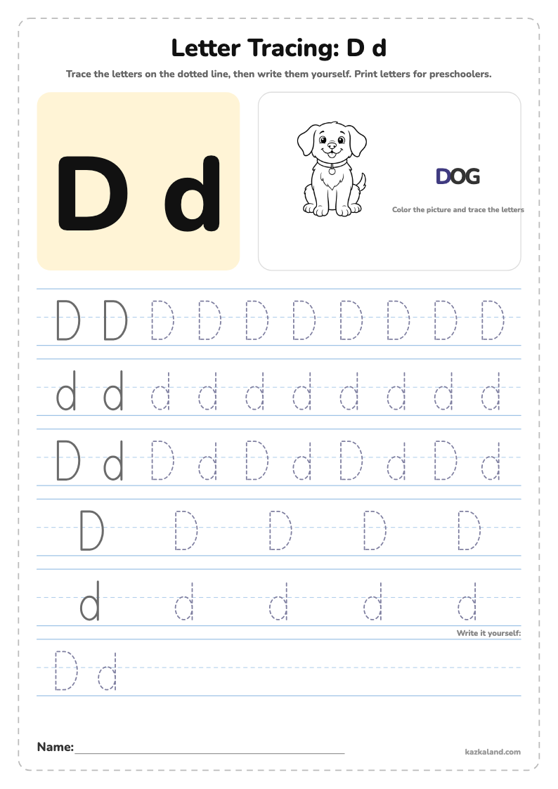 Letter D Tracing Worksheet: printable A4 worksheet for kids with a large model, dotted lines to trace, a picture to color and a line for the name