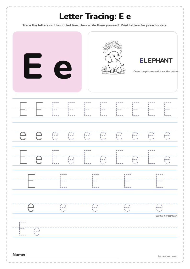 Letter E Tracing Worksheet: printable A4 worksheet for kids with a large model, dotted lines to trace, a picture to color and a line for the name
