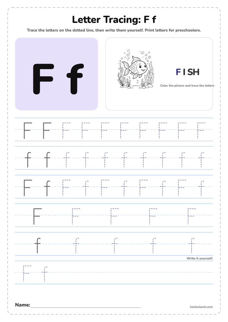 Letter F Tracing Worksheet: printable A4 worksheet for kids with a large model, dotted lines to trace, a picture to color and a line for the name