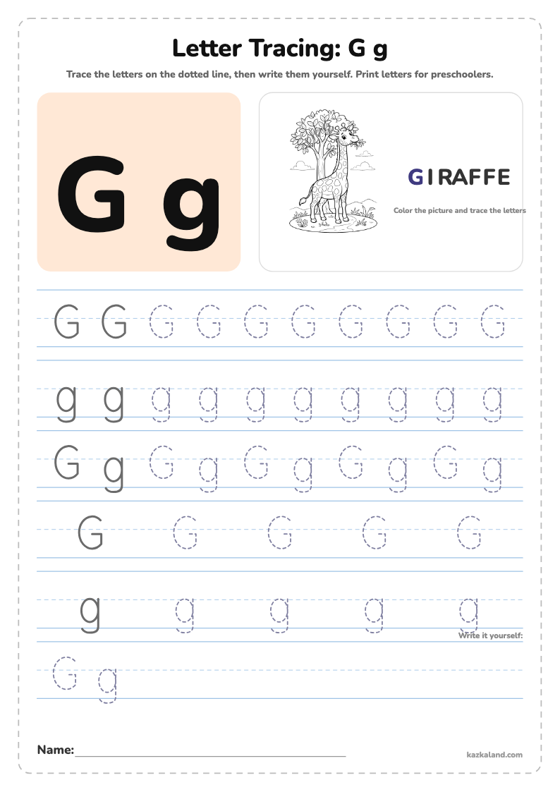 Letter G Tracing Worksheet: printable A4 worksheet for kids with a large model, dotted lines to trace, a picture to color and a line for the name