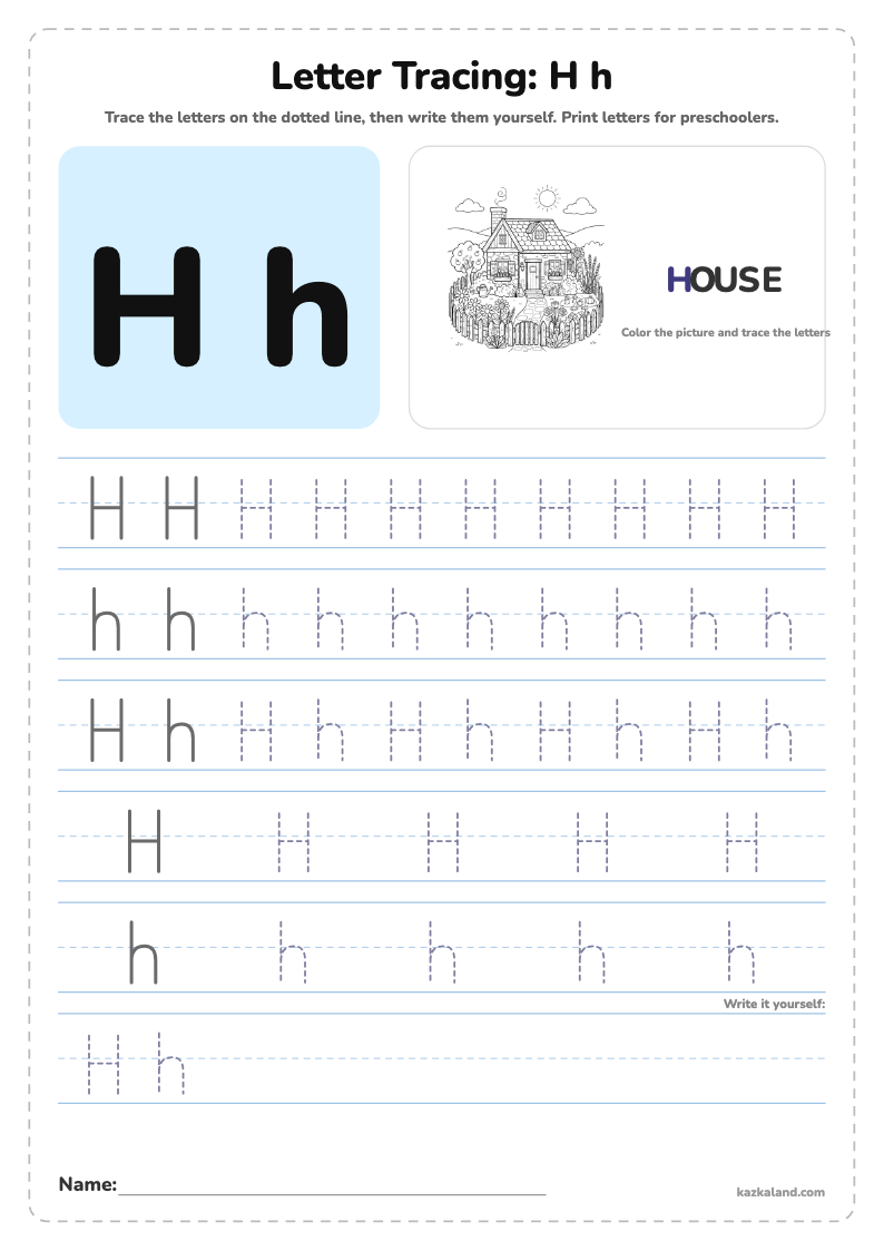 Letter H Tracing Worksheet: printable A4 worksheet for kids with a large model, dotted lines to trace, a picture to color and a line for the name