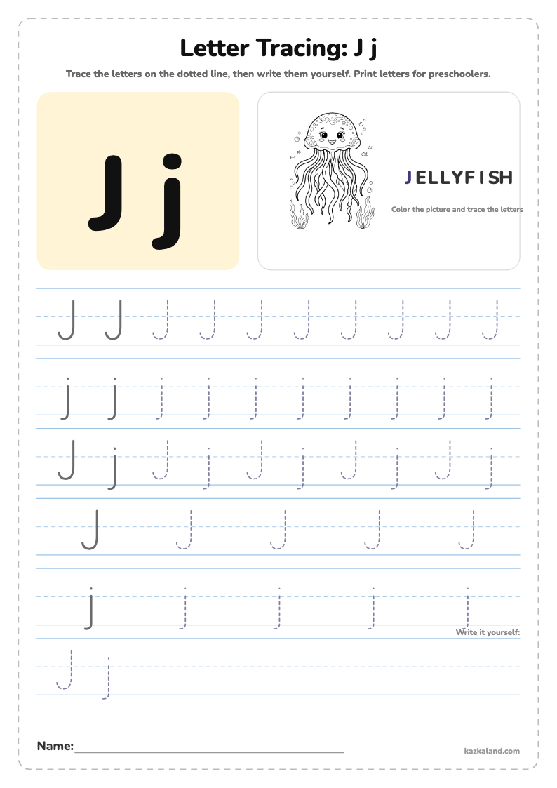 Letter J Tracing Worksheet: printable A4 worksheet for kids with a large model, dotted lines to trace, a picture to color and a line for the name
