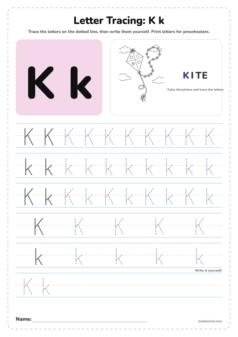 Letter K Tracing Worksheet: printable A4 worksheet for kids with a large model, dotted lines to trace, a picture to color and a line for the name