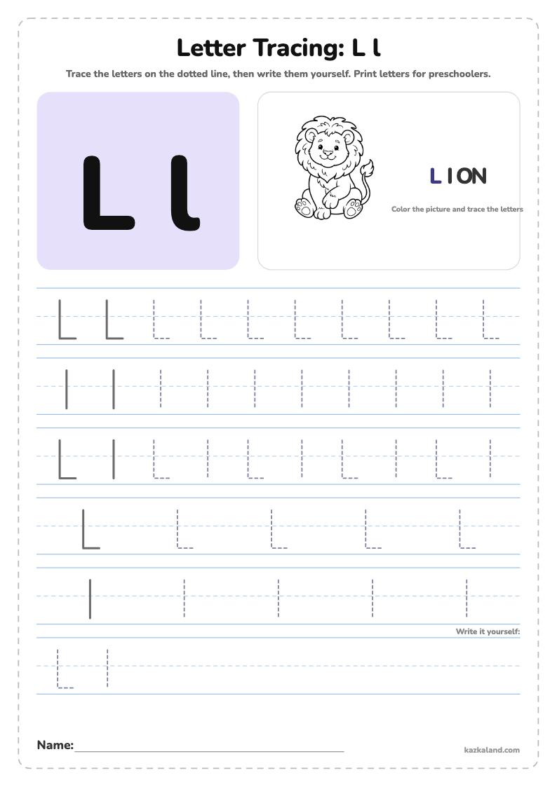 Letter L Tracing Worksheet: printable A4 worksheet for kids with a large model, dotted lines to trace, a picture to color and a line for the name