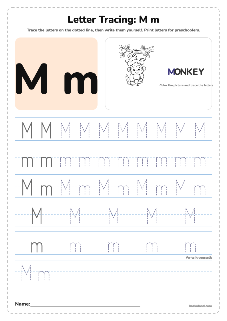 Letter M Tracing Worksheet: printable A4 worksheet for kids with a large model, dotted lines to trace, a picture to color and a line for the name