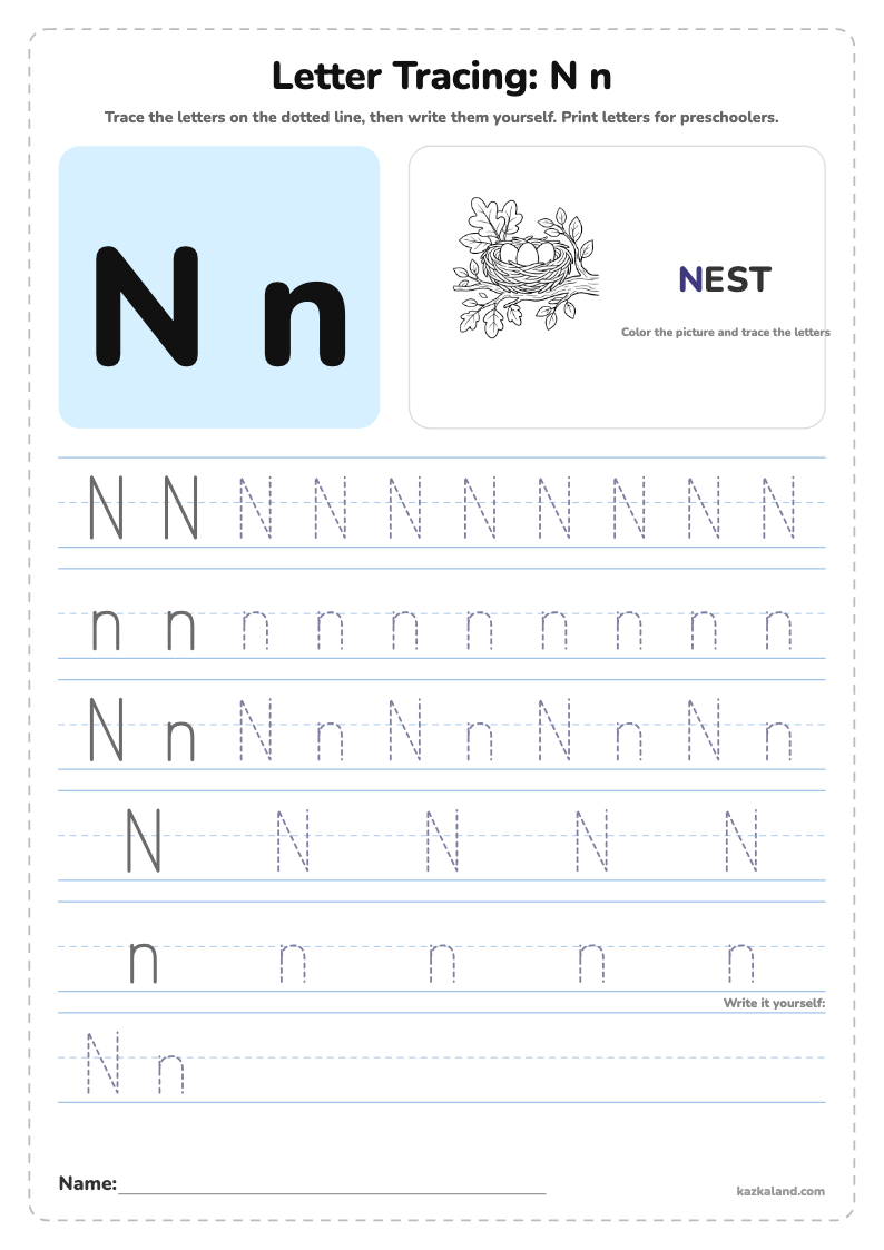 Letter N Tracing Worksheet: printable A4 worksheet for kids with a large model, dotted lines to trace, a picture to color and a line for the name