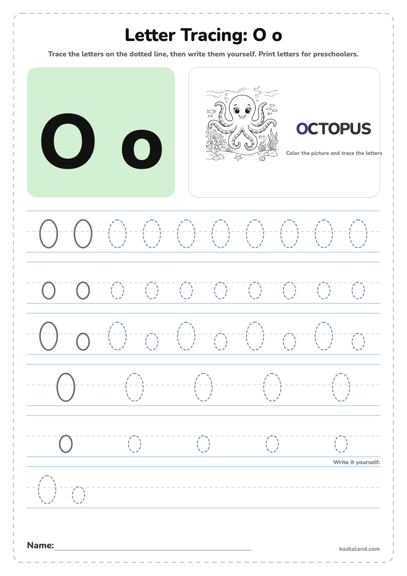 Letter O Tracing Worksheet: printable A4 worksheet for kids with a large model, dotted lines to trace, a picture to color and a line for the name