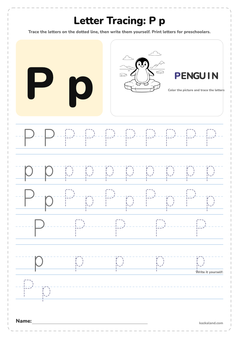 Letter P Tracing Worksheet: printable A4 worksheet for kids with a large model, dotted lines to trace, a picture to color and a line for the name