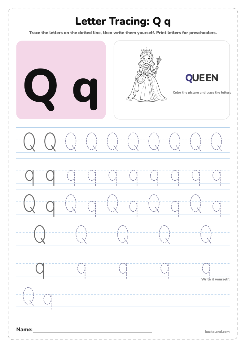 Letter Q Tracing Worksheet: printable A4 worksheet for kids with a large model, dotted lines to trace, a picture to color and a line for the name