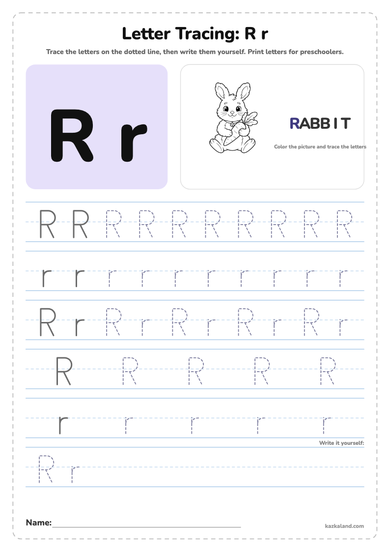 Letter R Tracing Worksheet: printable A4 worksheet for kids with a large model, dotted lines to trace, a picture to color and a line for the name