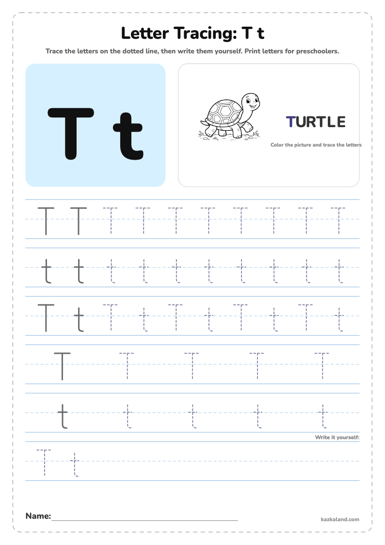 Letter T Tracing Worksheet: printable A4 worksheet for kids with a large model, dotted lines to trace, a picture to color and a line for the name