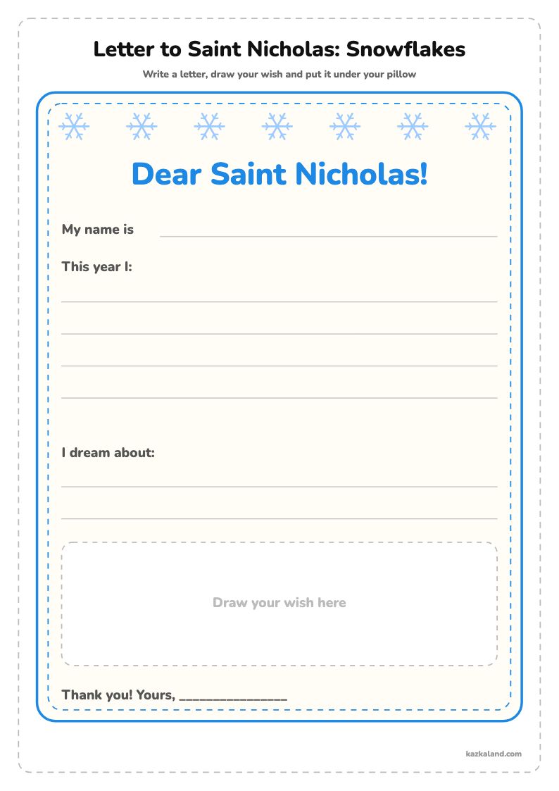 Letter to Saint Nicholas Printable: Snowflakes: printable A4 sheet for kids, ready to print or fill in online