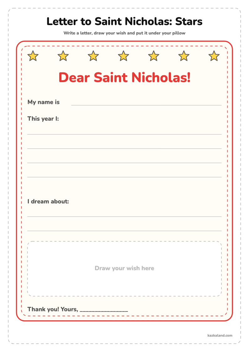 Letter to Saint Nicholas Printable: Stars: printable A4 sheet for kids, ready to print or fill in online
