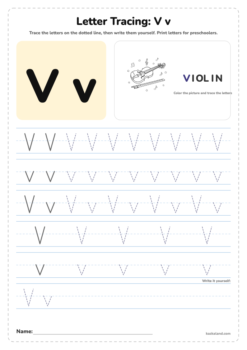 Letter V Tracing Worksheet: printable A4 worksheet for kids with a large model, dotted lines to trace, a picture to color and a line for the name
