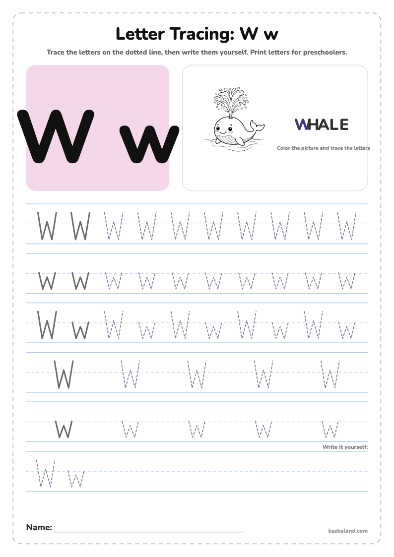 Letter W Tracing Worksheet: printable A4 worksheet for kids with a large model, dotted lines to trace, a picture to color and a line for the name