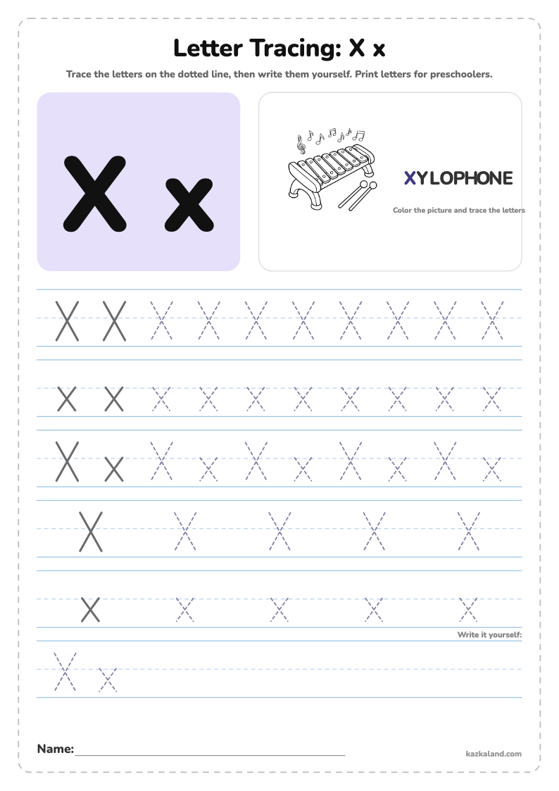 Letter X Tracing Worksheet: printable A4 worksheet for kids with a large model, dotted lines to trace, a picture to color and a line for the name