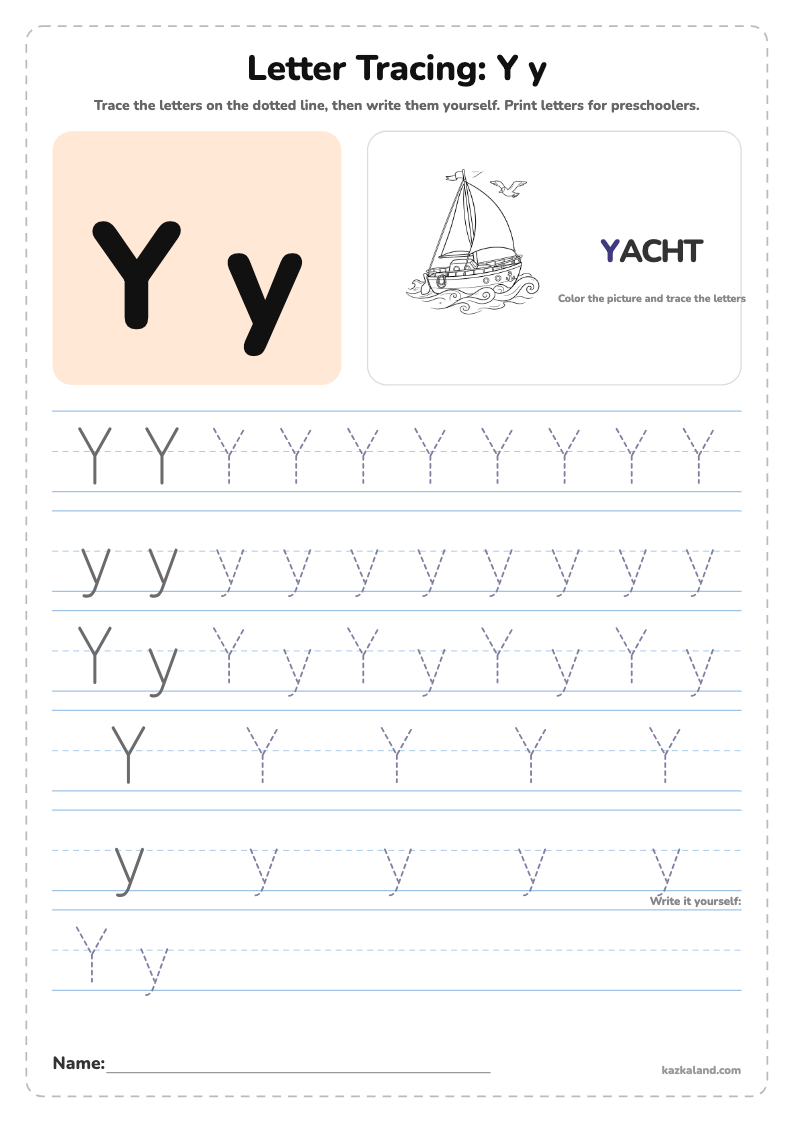 Letter Y Tracing Worksheet: printable A4 worksheet for kids with a large model, dotted lines to trace, a picture to color and a line for the name