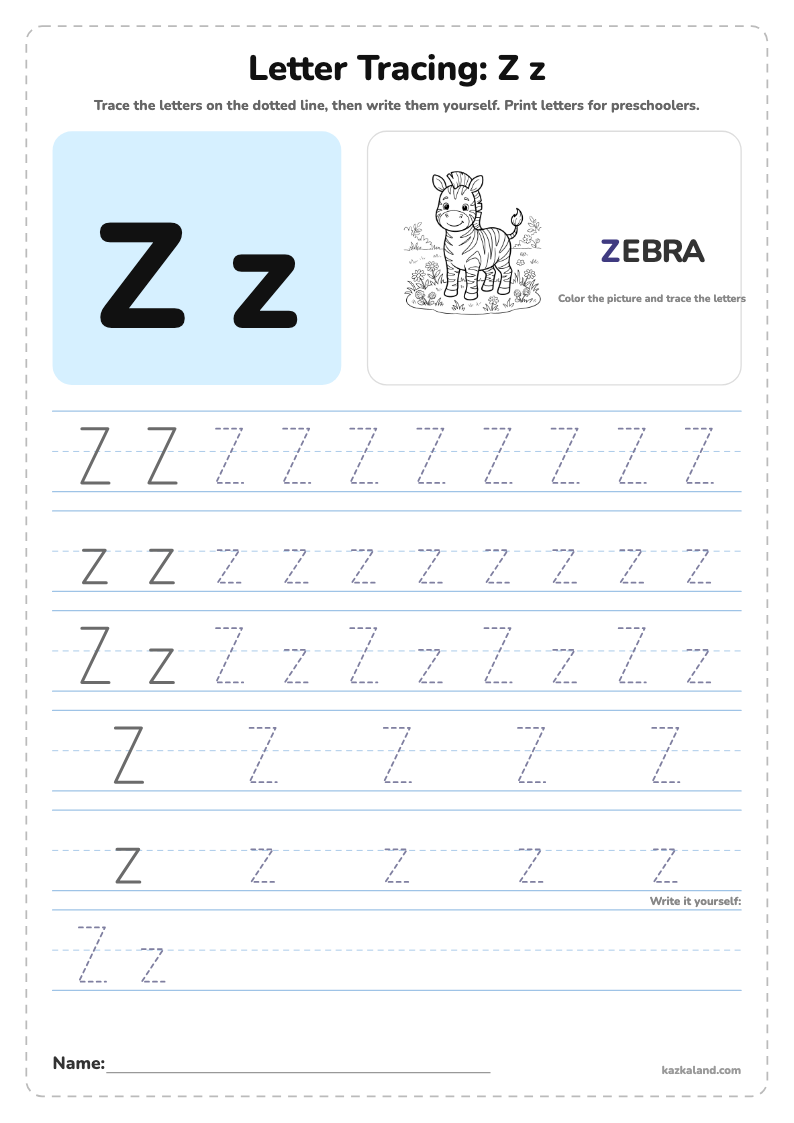 Letter Z Tracing Worksheet: printable A4 worksheet for kids with a large model, dotted lines to trace, a picture to color and a line for the name