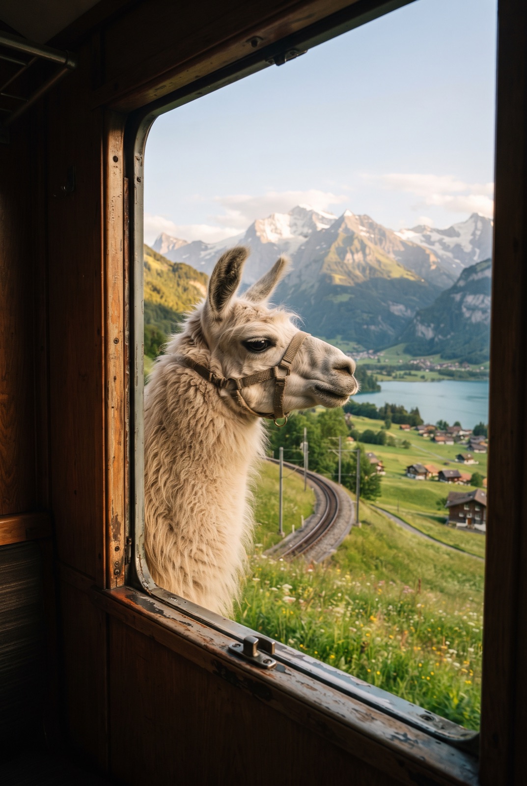 Llama at a Swiss Train Window: A llama looks out of a vintage train window as it passes through a green valley with lakes and mountains.