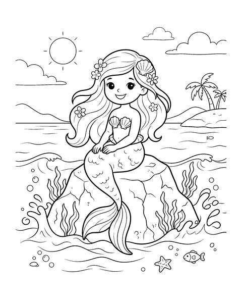 Mermaid coloring page for kids: a printable black and white outline picture with thick lines and big areas to color, ready for A4