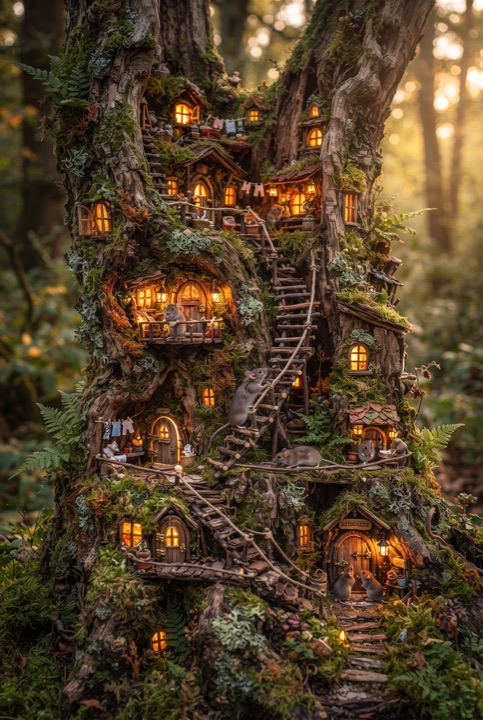 Mouse Village in a Mossy Trunk: A miniature mouse village inside a mossy trunk: tiny windows glow warmly and little stairs lead to small doors.