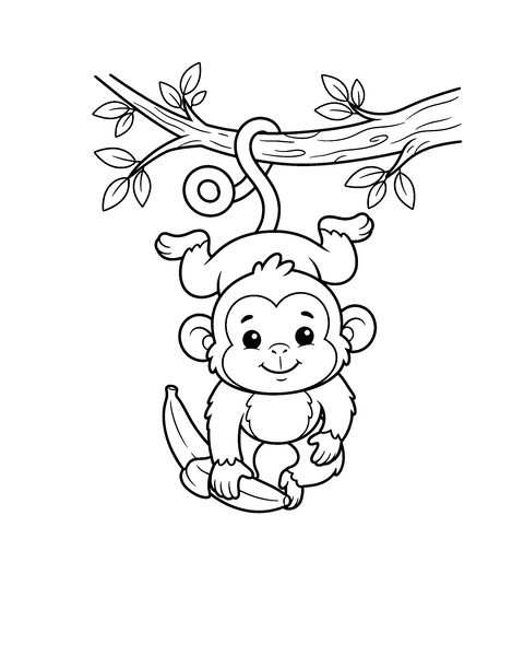 Monkey coloring page for kids: a printable black and white outline picture with thick lines and big areas to color, ready for A4