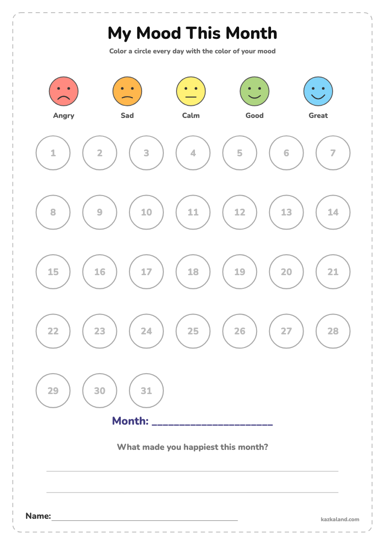 Monthly Mood Tracker for Kids: printable A4 sheet for kids, ready to print or fill in online