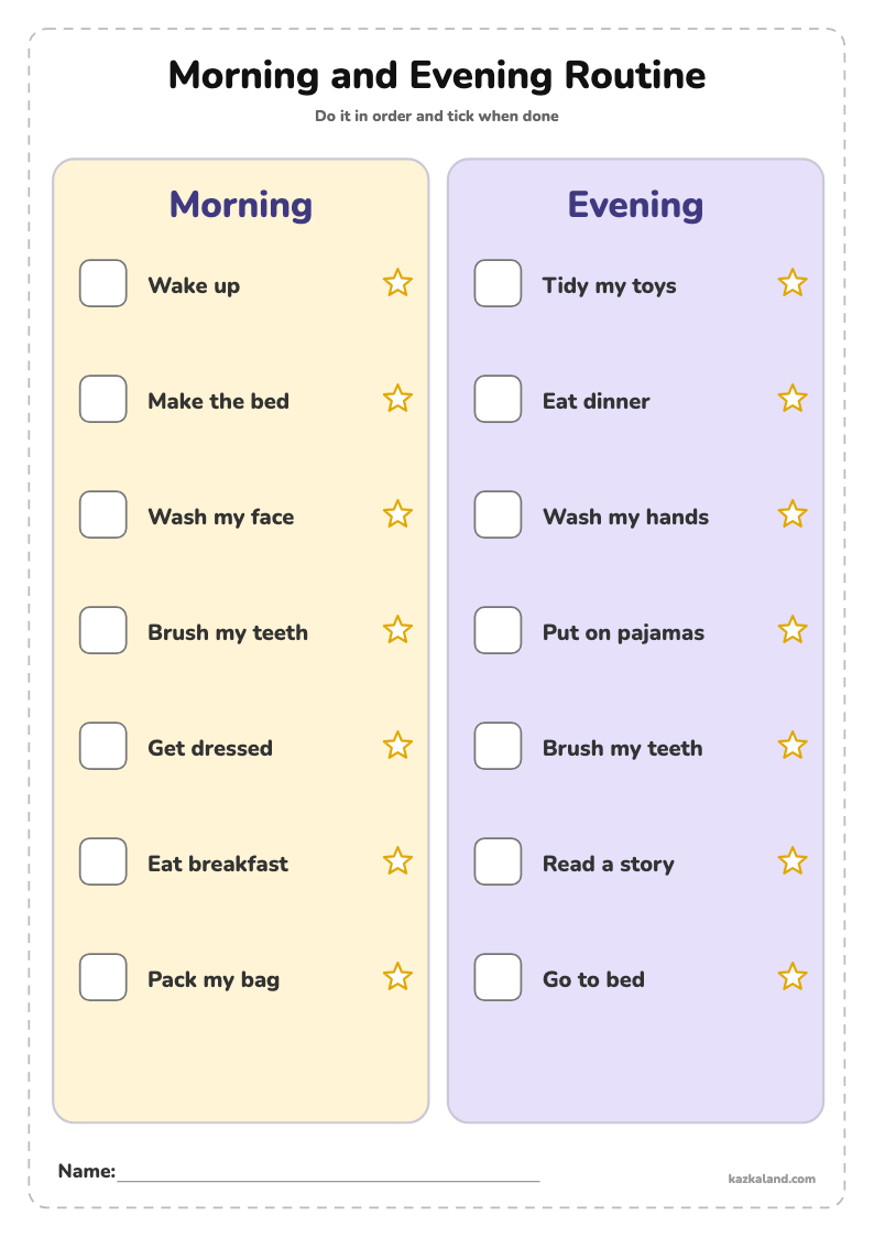 Morning and Evening Routine Chart: printable A4 sheet for kids, ready to print or fill in online