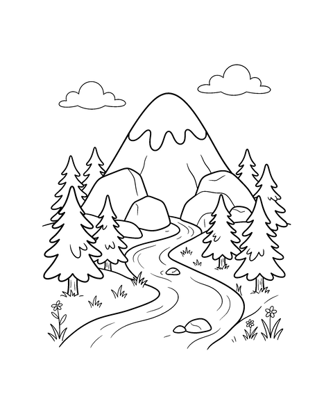 Mountain coloring page for kids: a printable black and white outline picture with thick lines and big areas to color, ready for A4