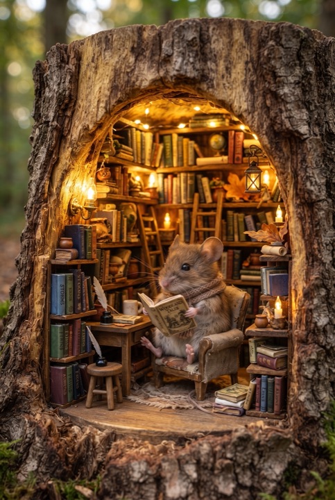 Mouse in a Stump Library: A tiny mouse reads in its own library built inside a tree stump, with miniature books and warm lights.