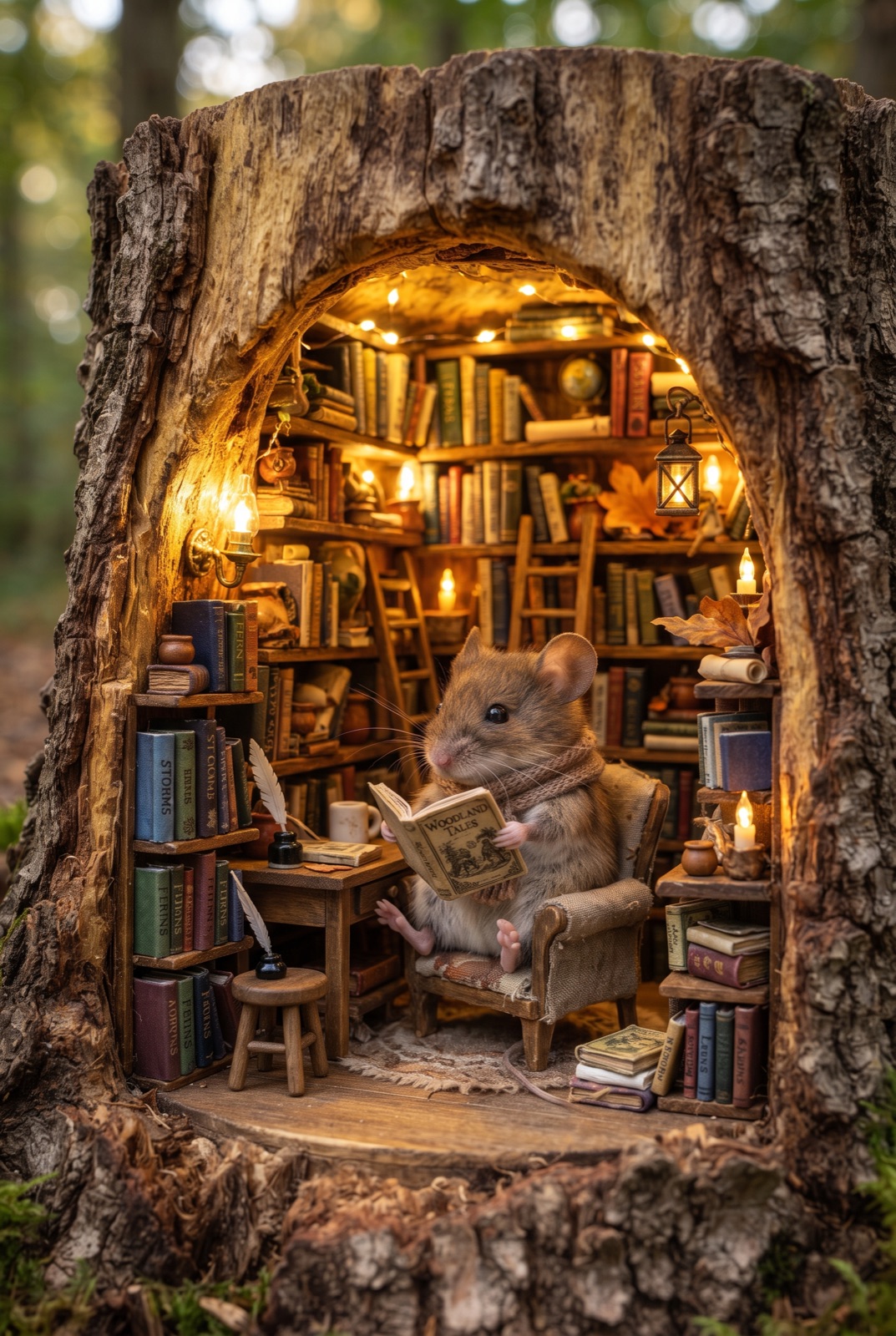 Mouse in a Stump Library: A tiny mouse reads in its own library built inside a tree stump, with miniature books and warm lights.