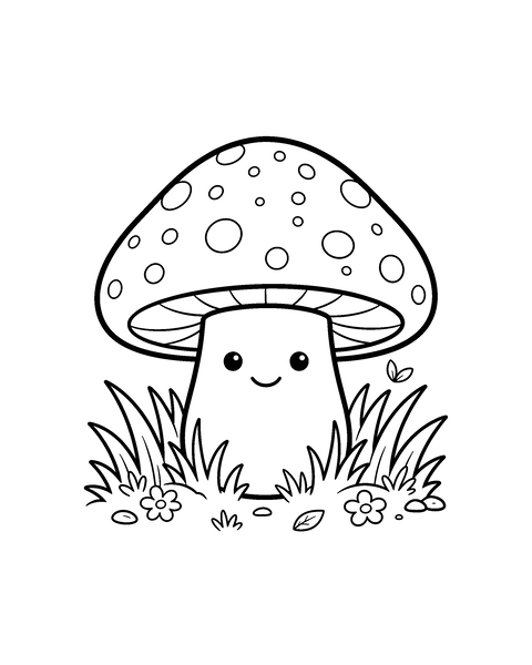 Mushroom coloring page for kids: a printable black and white outline picture with thick lines and big areas to color, ready for A4
