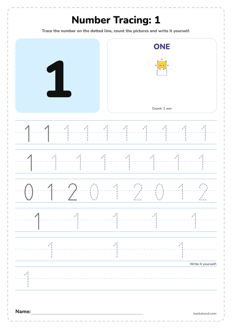 Number 1 Tracing Worksheet: printable A4 worksheet for kids with a large model, dotted lines to trace, a picture to color and a line for the name