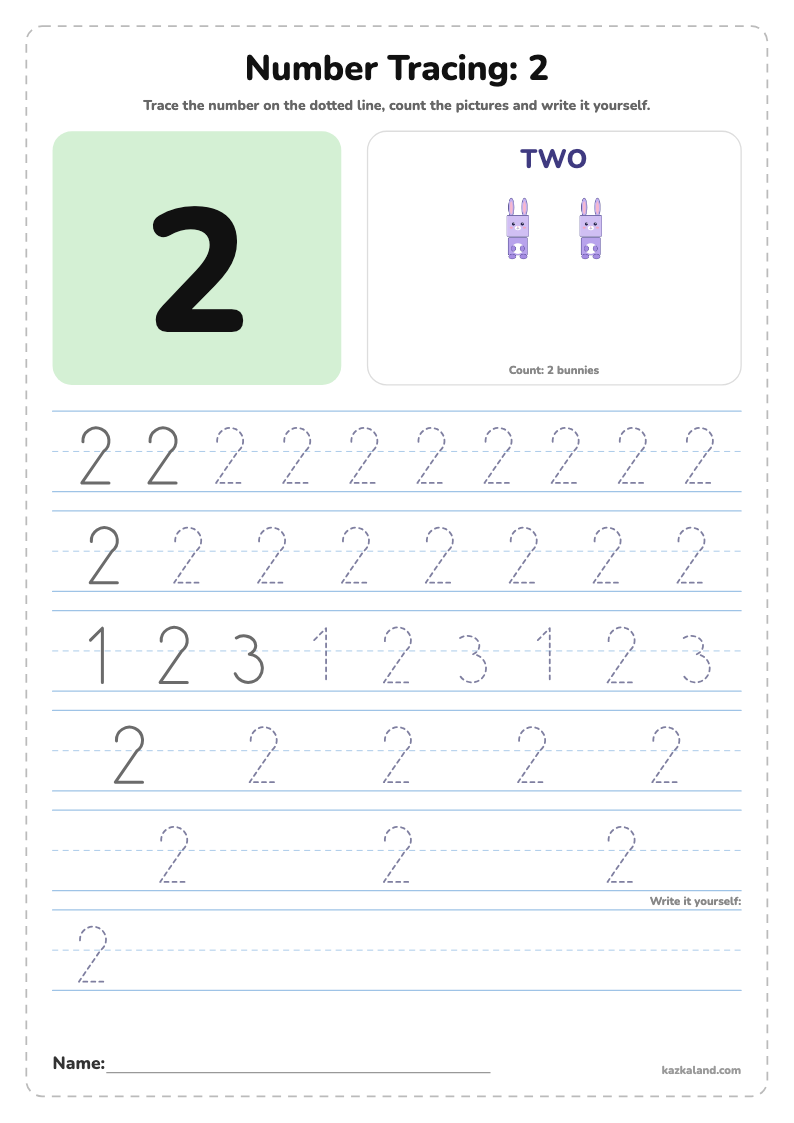 Number 2 Tracing Worksheet: printable A4 worksheet for kids with a large model, dotted lines to trace, a picture to color and a line for the name