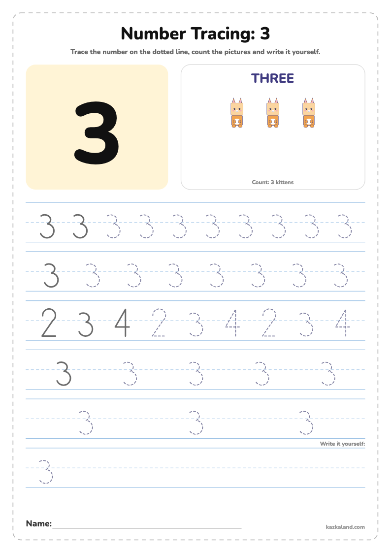 Number 3 Tracing Worksheet: printable A4 worksheet for kids with a large model, dotted lines to trace, a picture to color and a line for the name