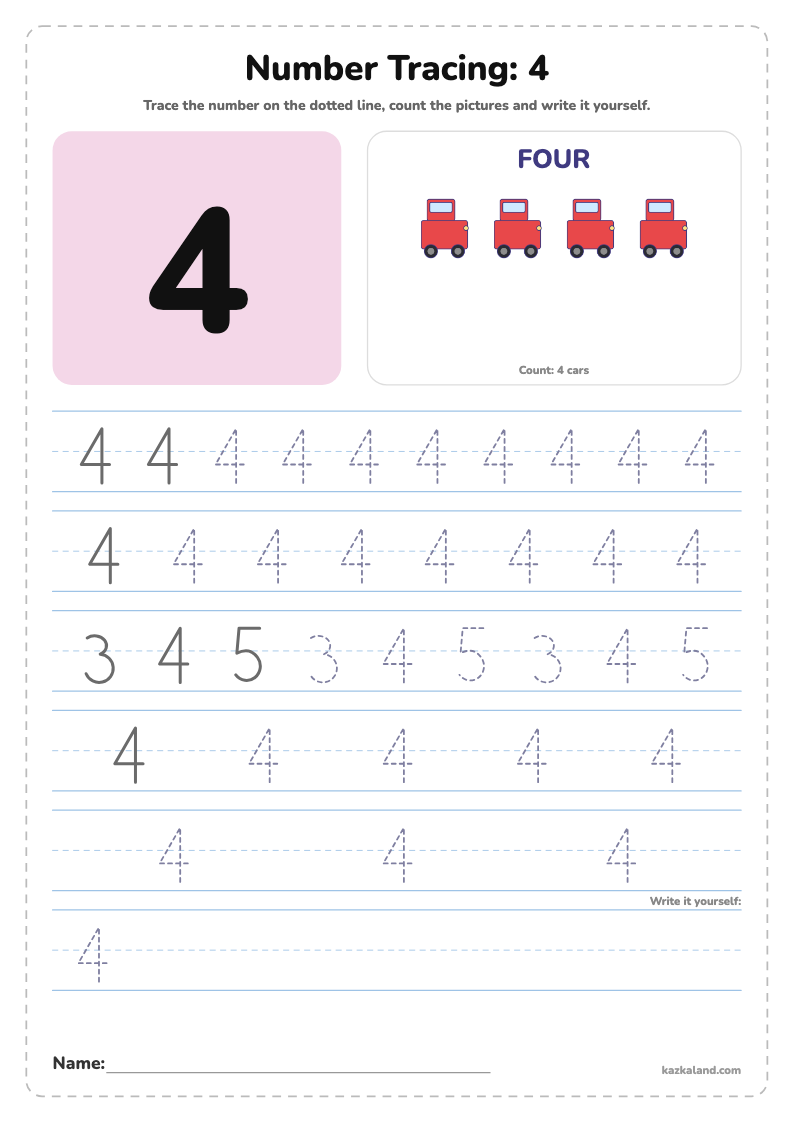 Number 4 Tracing Worksheet: printable A4 worksheet for kids with a large model, dotted lines to trace, a picture to color and a line for the name