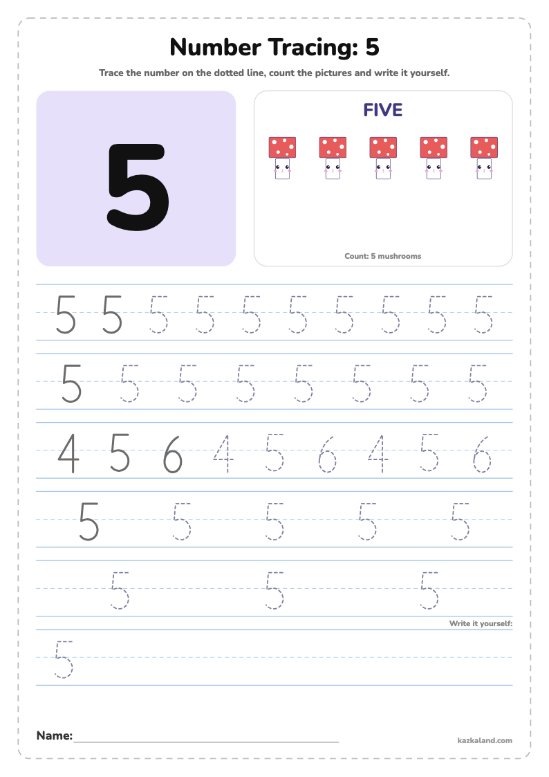Number 5 Tracing Worksheet: printable A4 worksheet for kids with a large model, dotted lines to trace, a picture to color and a line for the name