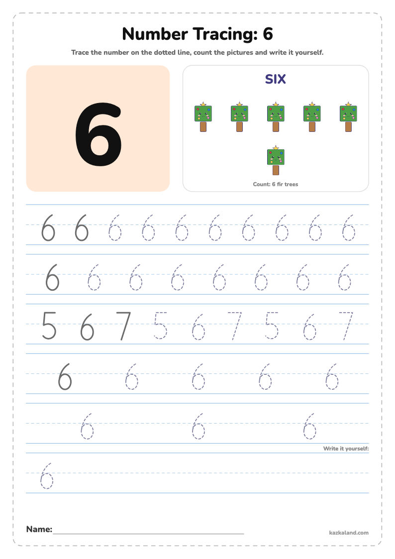 Number 6 Tracing Worksheet: printable A4 worksheet for kids with a large model, dotted lines to trace, a picture to color and a line for the name