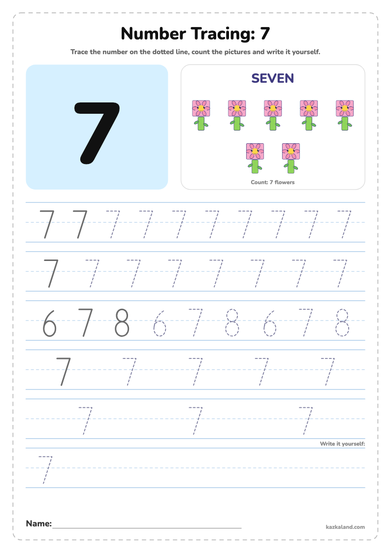 Number 7 Tracing Worksheet: printable A4 worksheet for kids with a large model, dotted lines to trace, a picture to color and a line for the name