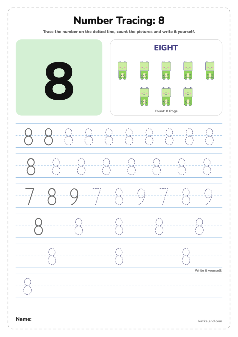 Number 8 Tracing Worksheet: printable A4 worksheet for kids with a large model, dotted lines to trace, a picture to color and a line for the name