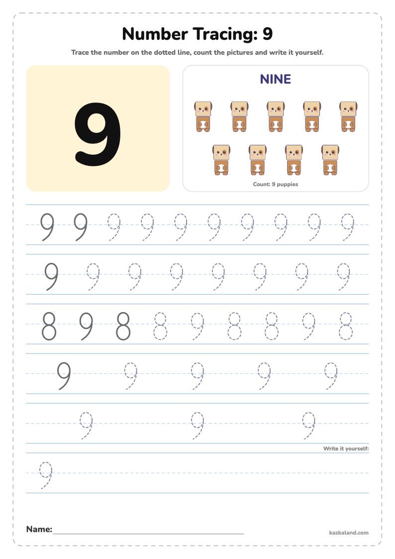 Number 9 Tracing Worksheet: printable A4 worksheet for kids with a large model, dotted lines to trace, a picture to color and a line for the name